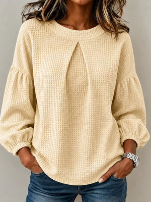 Waffle Knit Round Neck Top in Burgundy, front view