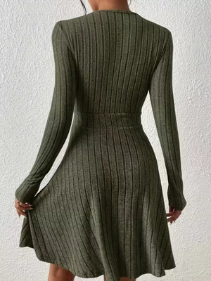 Army green ribbed wrap mini dress with long sleeves and A-line skirt.