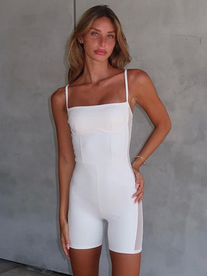 White bustier bodice romper with square neckline and mesh side panels.