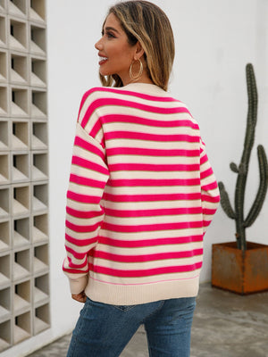 Pastel stripe crewneck knit sweater in Deep Rose with cream and thin pink stripes, acrylic knit.