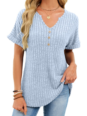 Light blue ribbed knit short sleeve t-shirt with V-neck and decorative buttons.