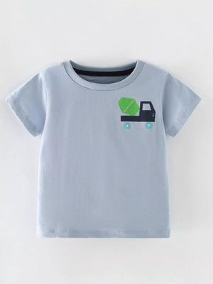Light blue cotton t-shirt with a cartoon cement truck graphic on the chest.
