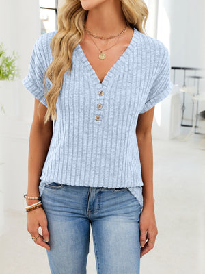 Light blue ribbed knit v-neck t-shirt with short sleeves and three button details