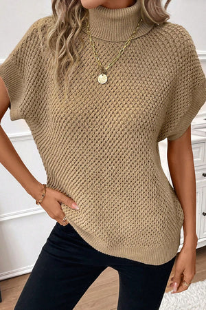 Khaki textured knit turtleneck cap sleeve sweater top with a diamond pattern.