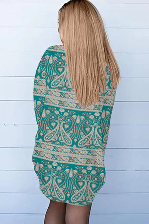 Teal paisley print open-front duster cardigan with long sleeves and a relaxed fit.