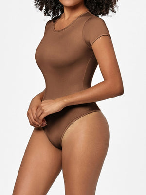 Sculpted scoop-neck bodysuit in coffee brown with short sleeves.