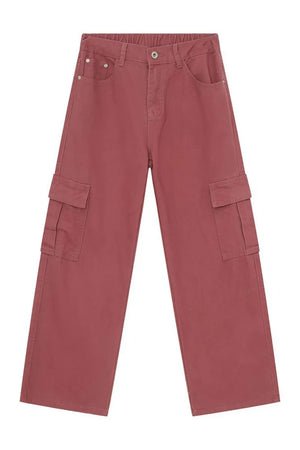 Skyline cargo pants in mauve with button and elastic waist, front pockets and side cargo pockets.