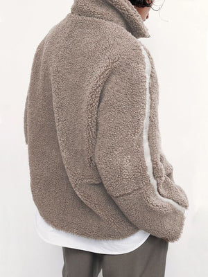 Teddy fleece zip-up jacket in Mocha with contrast piping detail on sleeve