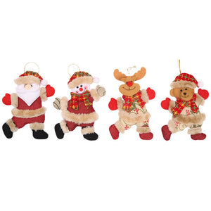 4-piece Christmas character ornaments: Santa, snowman, reindeer, and bear in red and beige with plaid scarves.