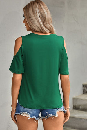 Green cold shoulder short sleeve blouse with a knot-front detail.