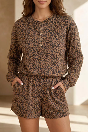 Leopard Print Long Sleeve Henley Top & Shorts Set in Coffee Brown, front view
