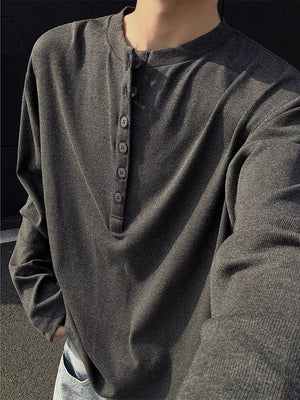 Men's Plus Size Button Detail Long Sleeve Henley in Light Gray, back view