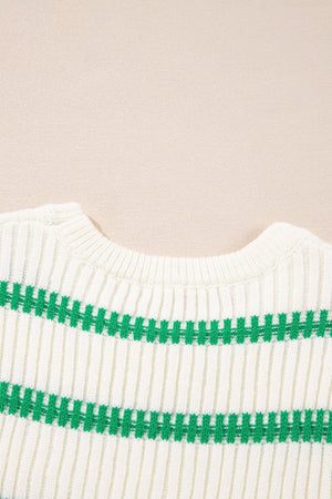 Ribbed knit vest in cream with green stitch stripes and a crew neck.