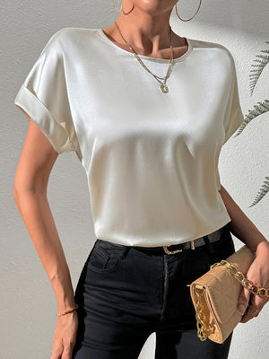 Satin-finish blouse in light gray with cuffed short sleeves and a relaxed fit.