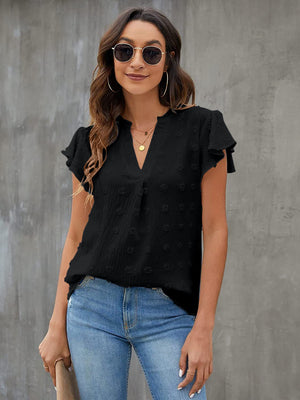 Black textured voile blouse with flutter sleeves and v-neck
