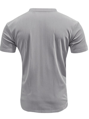 Gray ribbed V-neck t-shirt with short sleeves, a comfortable basic style.