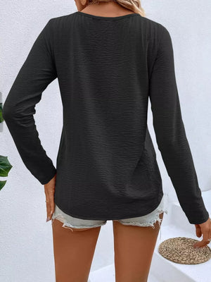 Full Size V-neck Decor Button Long Sleeve T-shirt Plus Size in Red, fabric detail