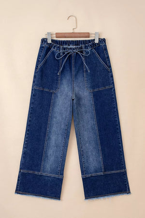 Drawstring Raw Hem Wide Leg Denim Pants, fit detail