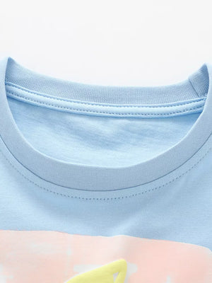 Light blue cotton baby tee with colorful fruit graphic detail