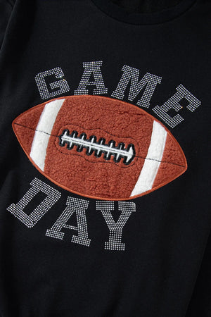 Black cotton sweatshirt with rhinestone GAME DAY text and fuzzy football graphic