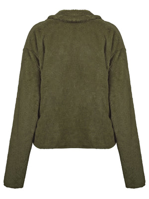Army green faux fur biker jacket with collar and long sleeves.