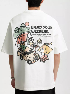Men's Graphic Round Neck T-shirt in White, front view