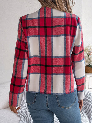 Collarless plaid cropped jacket in red, white, and blue plaid.