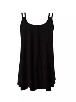 Black relaxed tank top with double strap detail and scoop neckline.