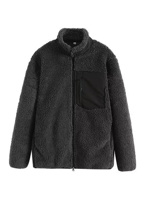 Sherpa zip-up jacket in dark gray with black patch pocket and zip details.