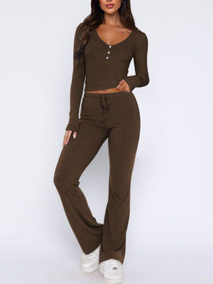 Olive brown ribbed loungewear set with button-up crop top and drawstring flare pants