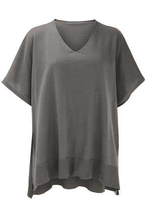 Relaxed V-neck knit poncho top in dark gray with short sleeves and ribbed hem.