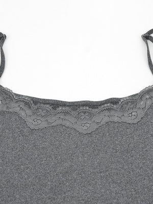 Grey bodycon mini dress with lace trim neckline and spaghetti straps.