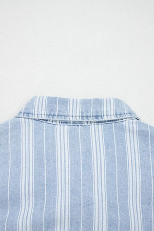 Relaxed denim shacket with blue and white vertical stripes and a collar detail.
