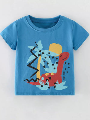 Toddler cerulean cotton graphic tee with abstract dinosaur and palm tree print.