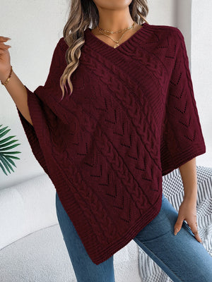 Burgundy cable knit poncho with chevron detail and V-neck