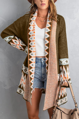 Brown open-front knit cardigan with geometric trim and long sleeves.