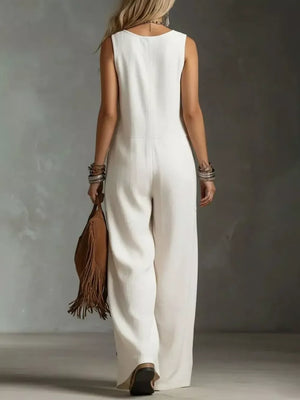 White wide-leg jumpsuit with pockets, sleeveless, round neck, back view