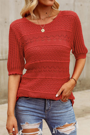 Rust openwork knit tee with short sleeves and textured stripes