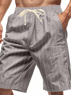 Gray and white striped chino shorts with drawstring waist and pockets.