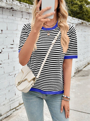 Striped knit tee with blue trim and short sleeves.