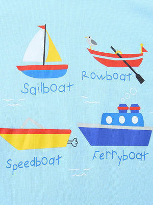 Light blue cotton t-shirt with a whimsical cartoon boat print featuring a sailboat, rowboat, speedboat, and ferryboat.