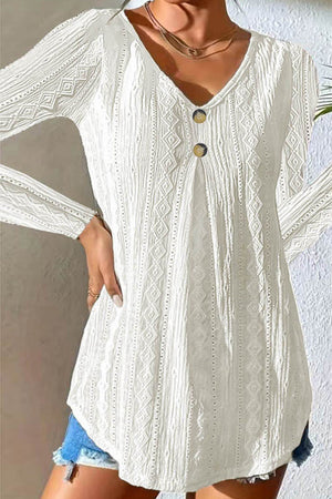White textured diamond-stitch button-down blouse with V-neck and long sleeves