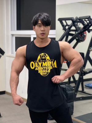 Black Olympia Graphic Muscle Tank with yellow text, athletic fit.