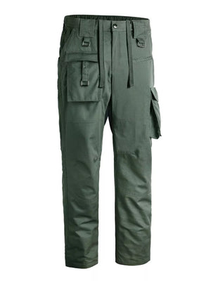 Men's green functional cargo pants with multiple pockets and strap details.