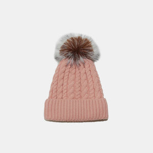 Dusty Pink cable knit beanie with pompom and ribbed cuff