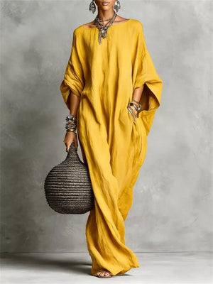 Loose Fit Boat Neck Maxi Dress in White, fabric detail