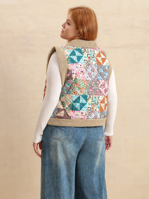 Patchwork sherpa toggle vest in multicolor with geometric and floral patterns, featuring a cozy sherpa trim.