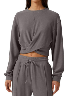 Gray cropped twist-front top and relaxed drawstring pants set