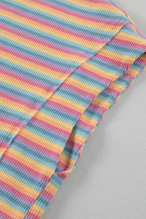 Rainbow striped ribbed cotton loungewear set with tassel detail