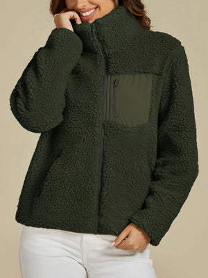 Dark Green Sherpa Zip-Up Jacket with contrast patch pocket and zipper details.